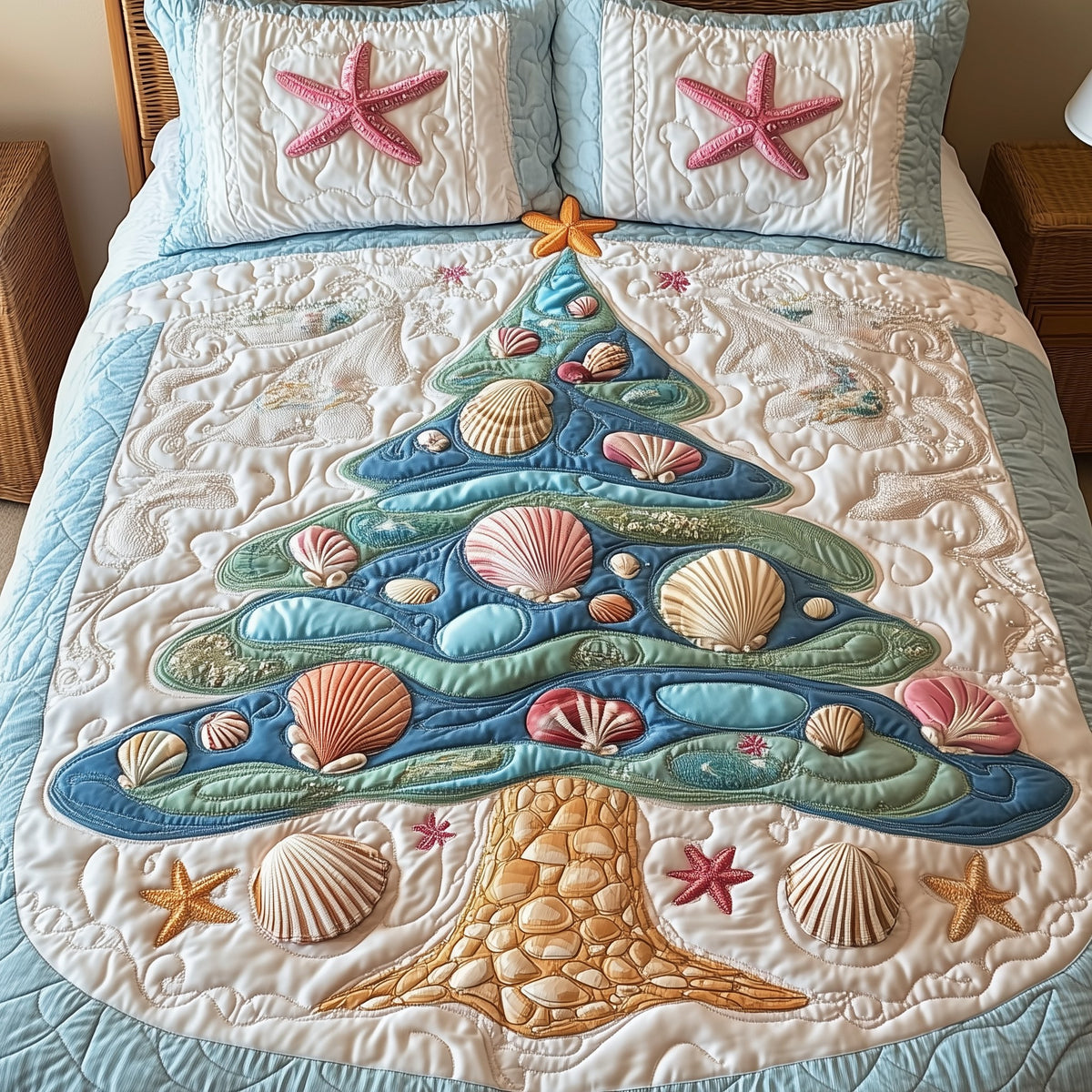 Costal Christmas Tree 3-Piece Quilted Bedding Set - Design 5 — quilt and two matching pillow shams