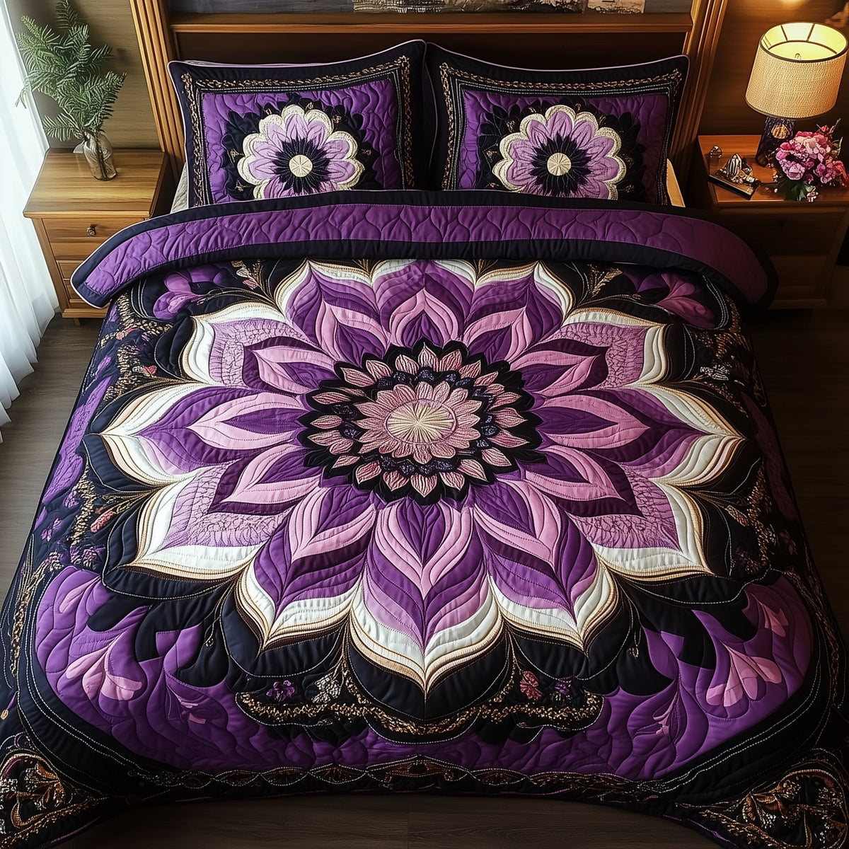 Dark Purple Flower 3-Piece Quilted Bedding Set - Design 6 — quilt and two matching pillow shams