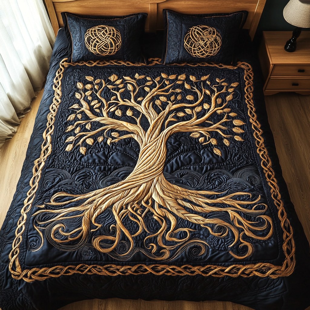 Eternal Tree Of Life 3-Piece Quilted Bedding Set - Design 11 — quilt and two matching pillow shams