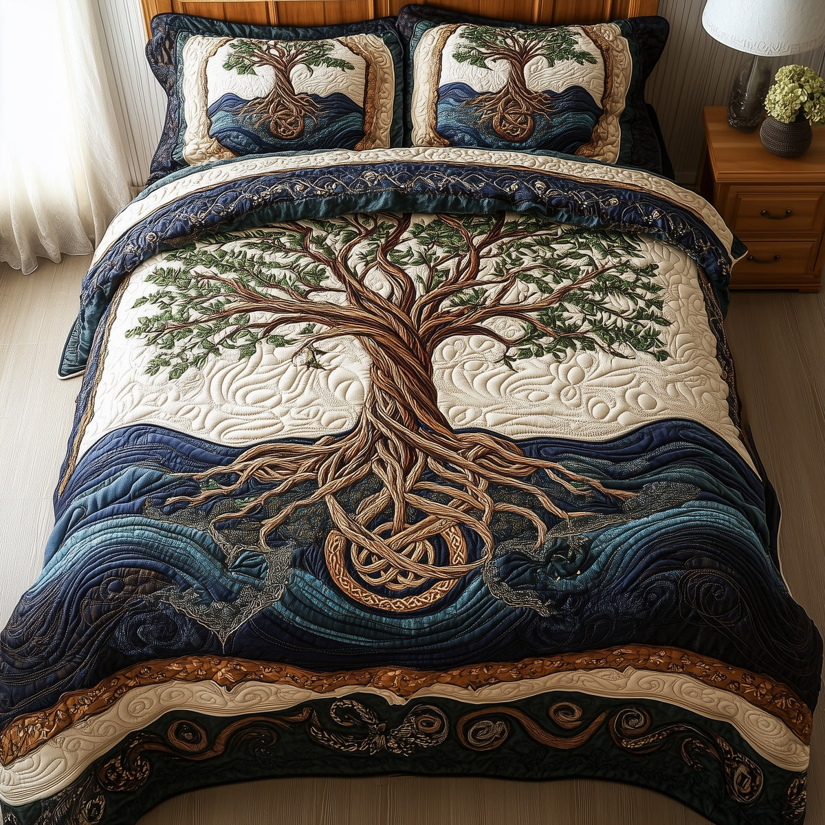 Eternal Tree Of Life 3-Piece Quilted Bedding Set - Design 14 — quilt and two matching pillow shams