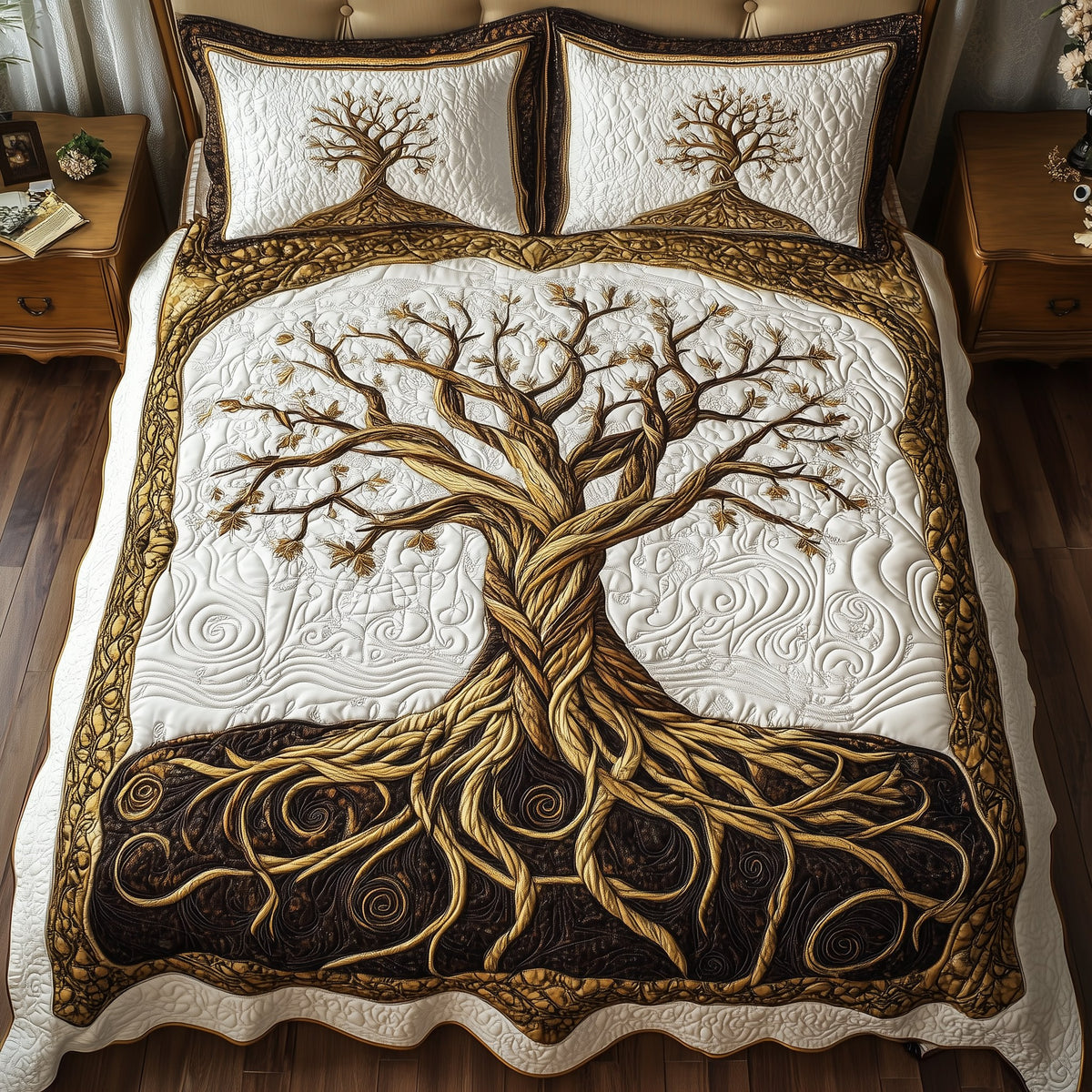 Eternal Tree Of Life 3-Piece Quilted Bedding Set - Design 22 — quilt and two matching pillow shams