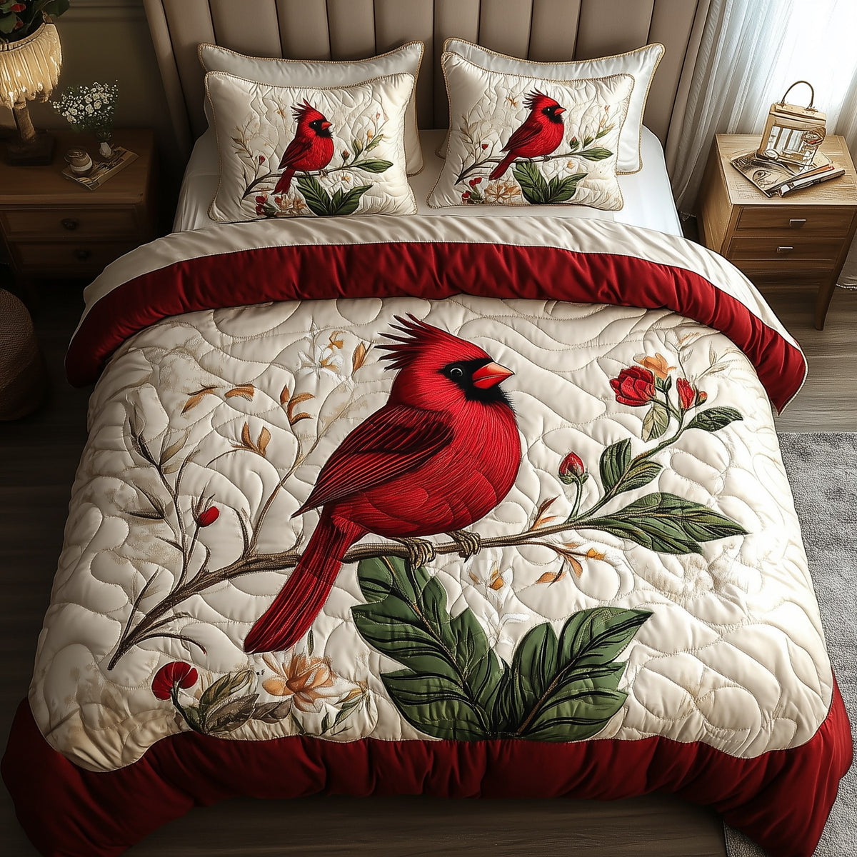 Elegant Red Cardinal 3-Piece Quilted Bedding Set - Design 3 — quilt and two matching pillow shams