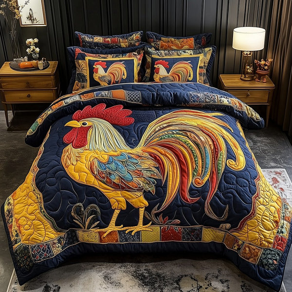 Colorburst Cock quilted 3-piece bedding set on a made bed with two matching pillow shams