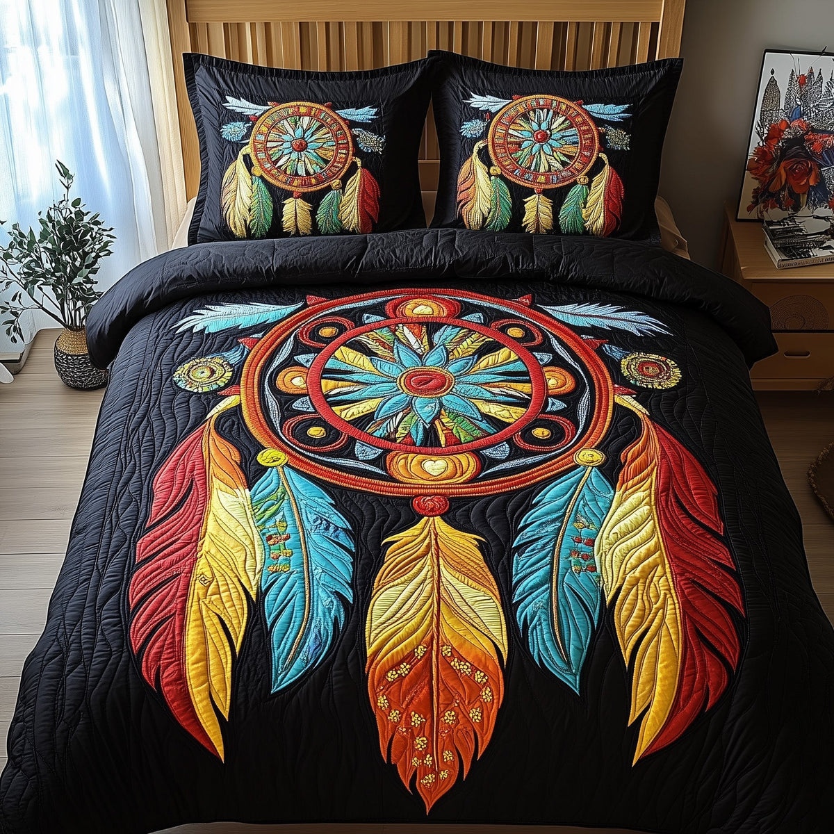 Ethereal Dreamcatcher 3-Piece Quilted Bedding Set - Design 1 — quilt and two matching pillow shams