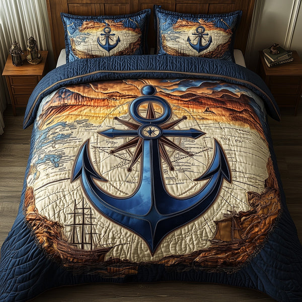 Anchor Life quilted 3-piece bedding set on a made bed in a light coastal bedroom