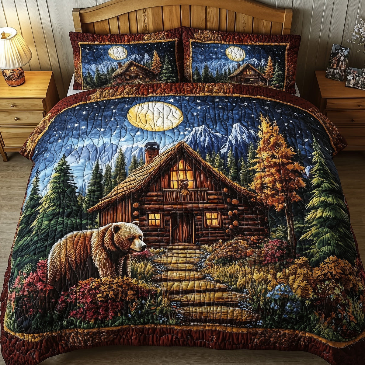Cabin And Bear 3-Piece Quilted Bedding Set - Design 5 — quilt and two matching pillow shams