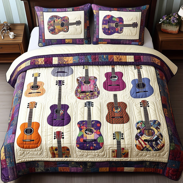 Coloful Guitars quilted 3-piece bedding set on a made bed with two matching pillow shams