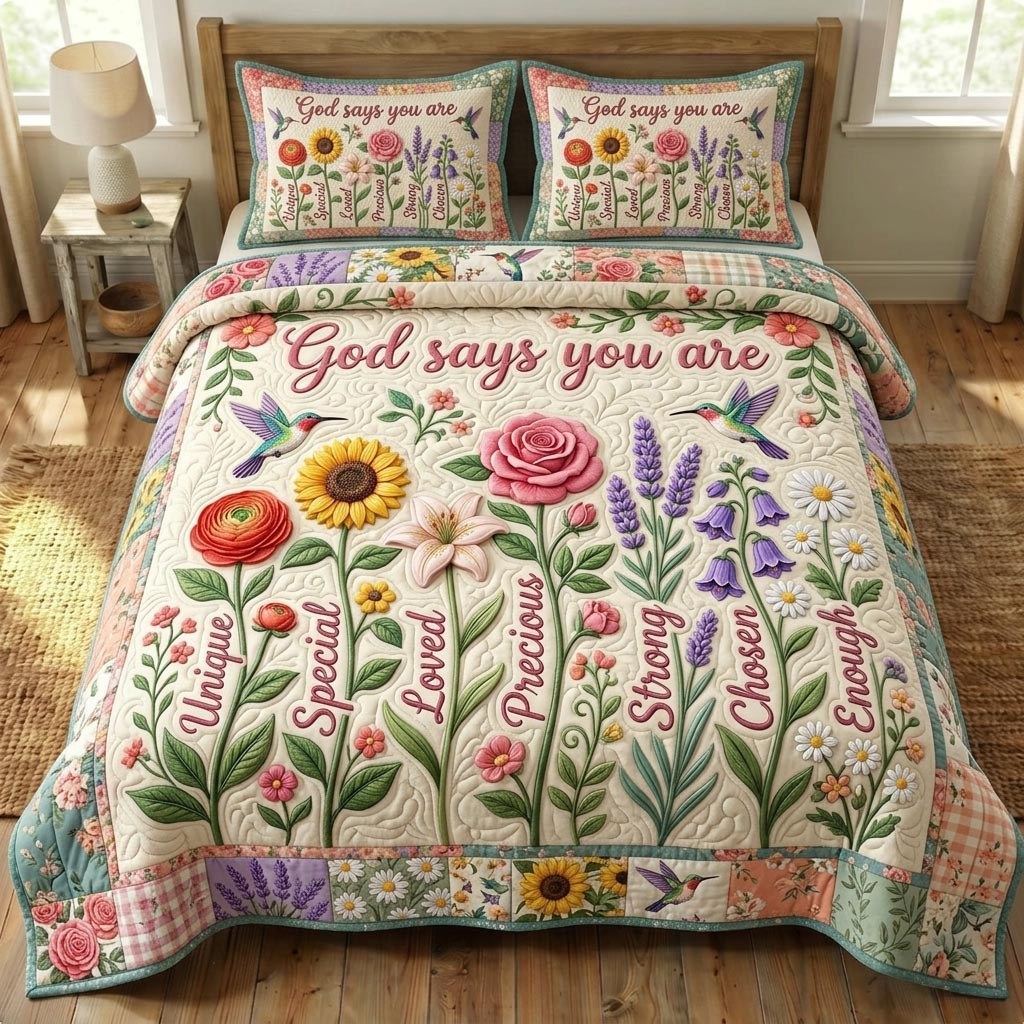 Floral Bible 3-Piece Quilted Bedding Set - Design 20 — quilt and two matching pillow shams