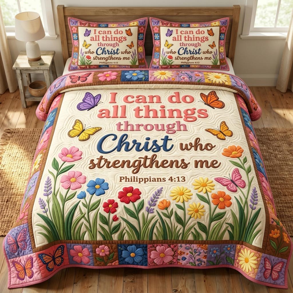 Floral Bible 3-Piece Quilted Bedding Set - Design 28 — quilt and two matching pillow shams