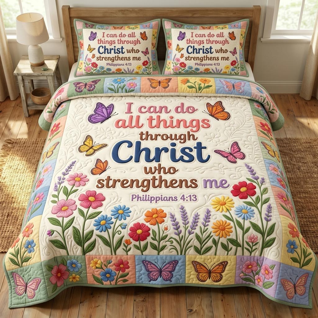 Floral Bible 3-Piece Quilted Bedding Set - Design 29 — quilt and two matching pillow shams