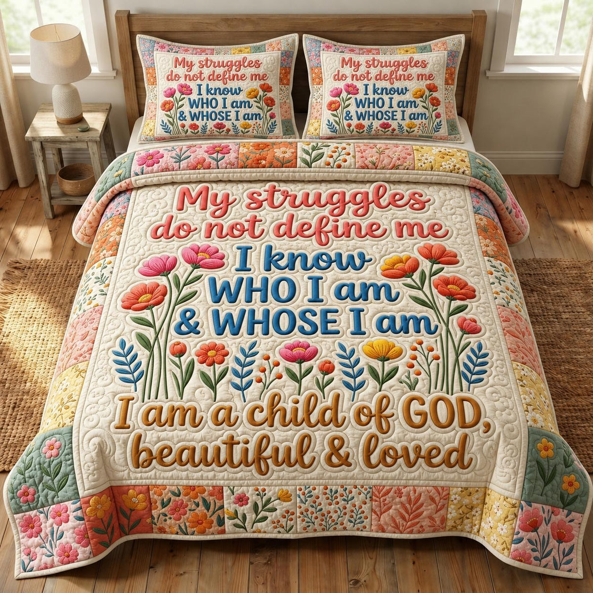 Floral Bible 3-Piece Quilted Bedding Set - Design 33 — quilt and two matching pillow shams