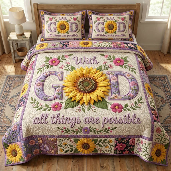 Floral Bible quilted 3-piece bedding set on a made bed in a softly lit bedroom