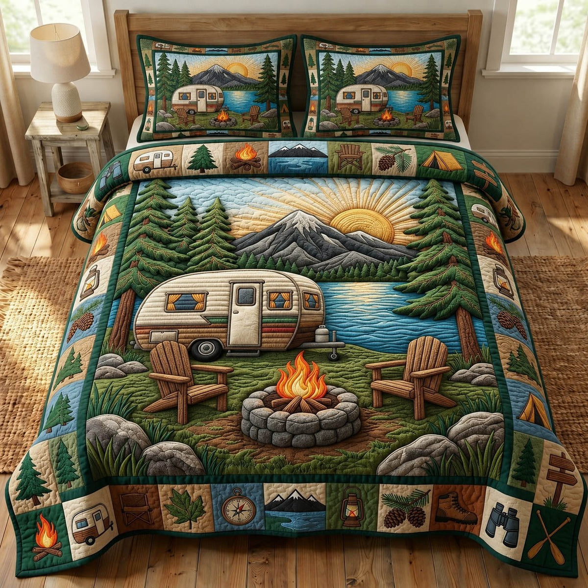 Camping Life 3-Piece Quilted Bedding Set - Design 1 — quilt and two matching pillow shams