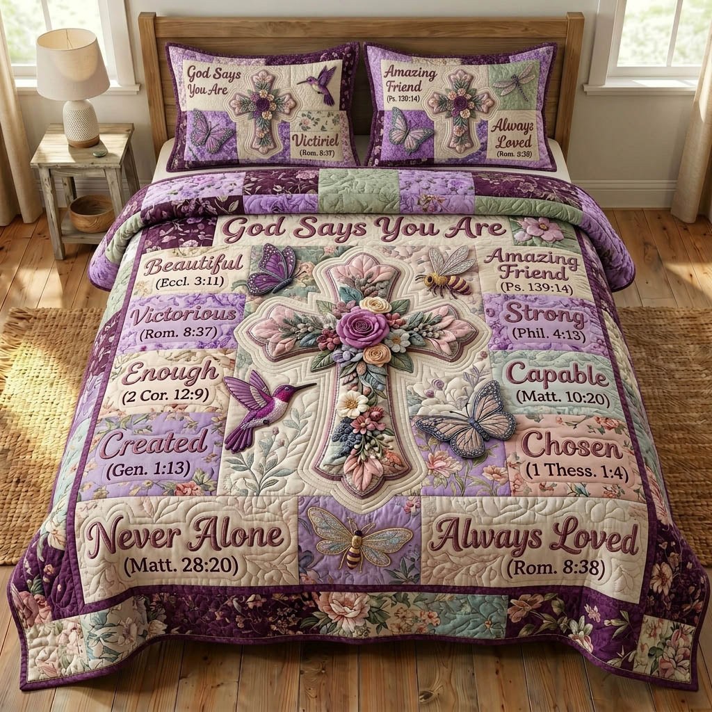Floral Bible 3-Piece Quilted Bedding Set - Design 43 — quilt and two matching pillow shams
