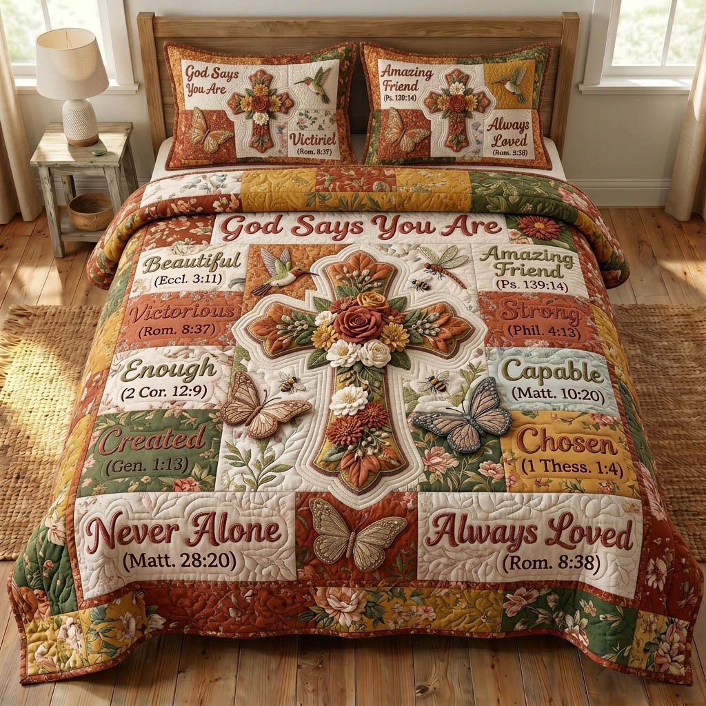 Floral Bible 3-Piece Quilted Bedding Set - Design 44 — quilt and two matching pillow shams