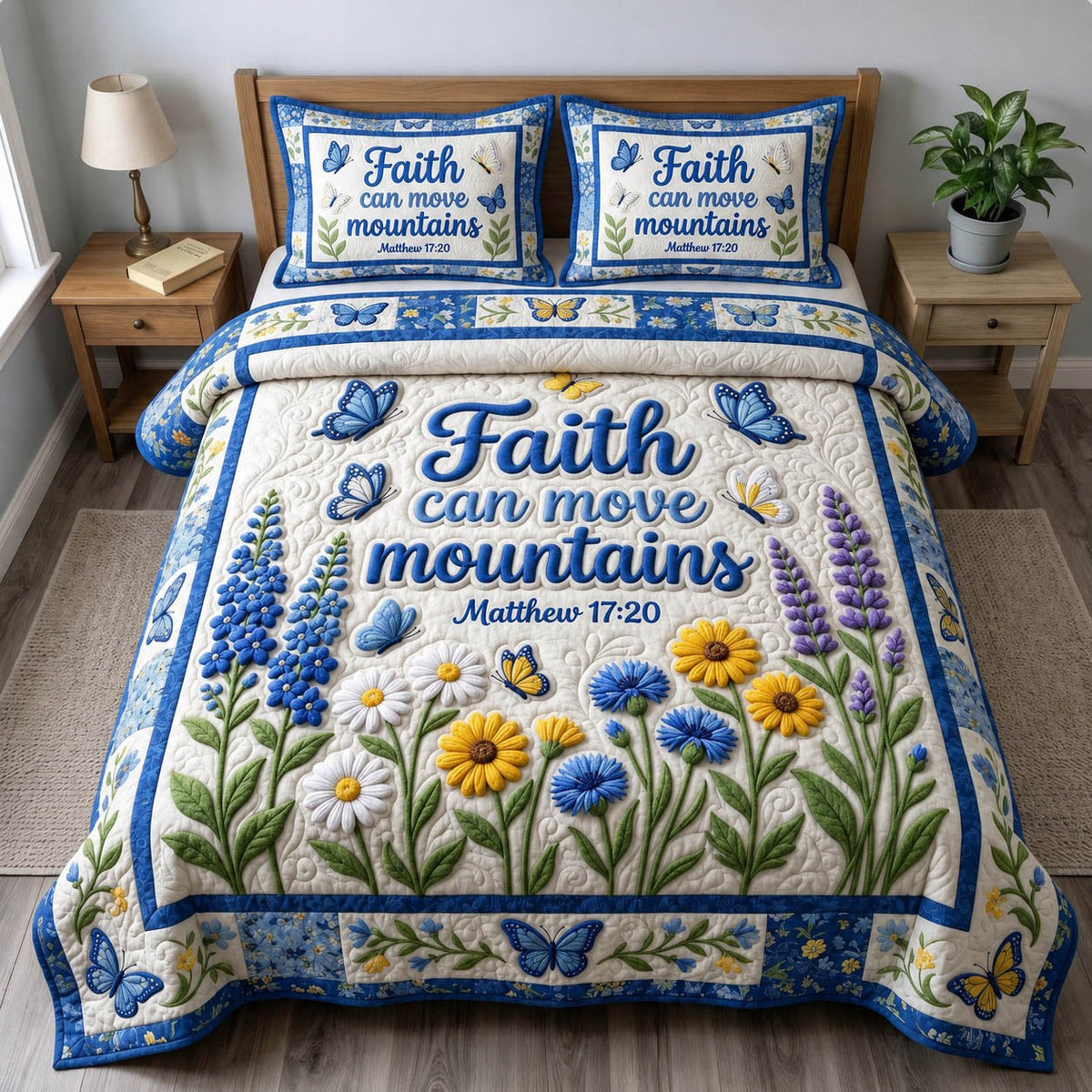 Floral Bible 3-Piece Quilted Bedding Set - Design 48 — quilt and two matching pillow shams