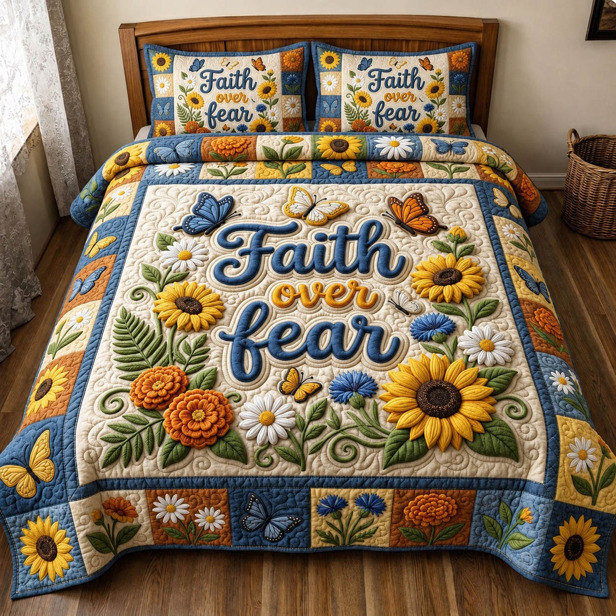 Floral Bible 3-Piece Quilted Bedding Set - Design 49 — quilt and two matching pillow shams