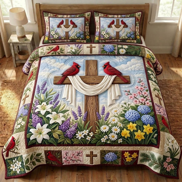 Cardinal Christian quilted 3-piece bedding set on a made bed in a softly lit bedroom