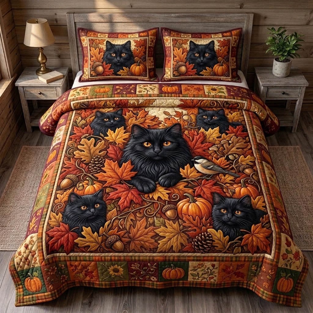 Black Cat 3-Piece Quilted Bedding Set - Design 12 — quilt and two matching pillow shams