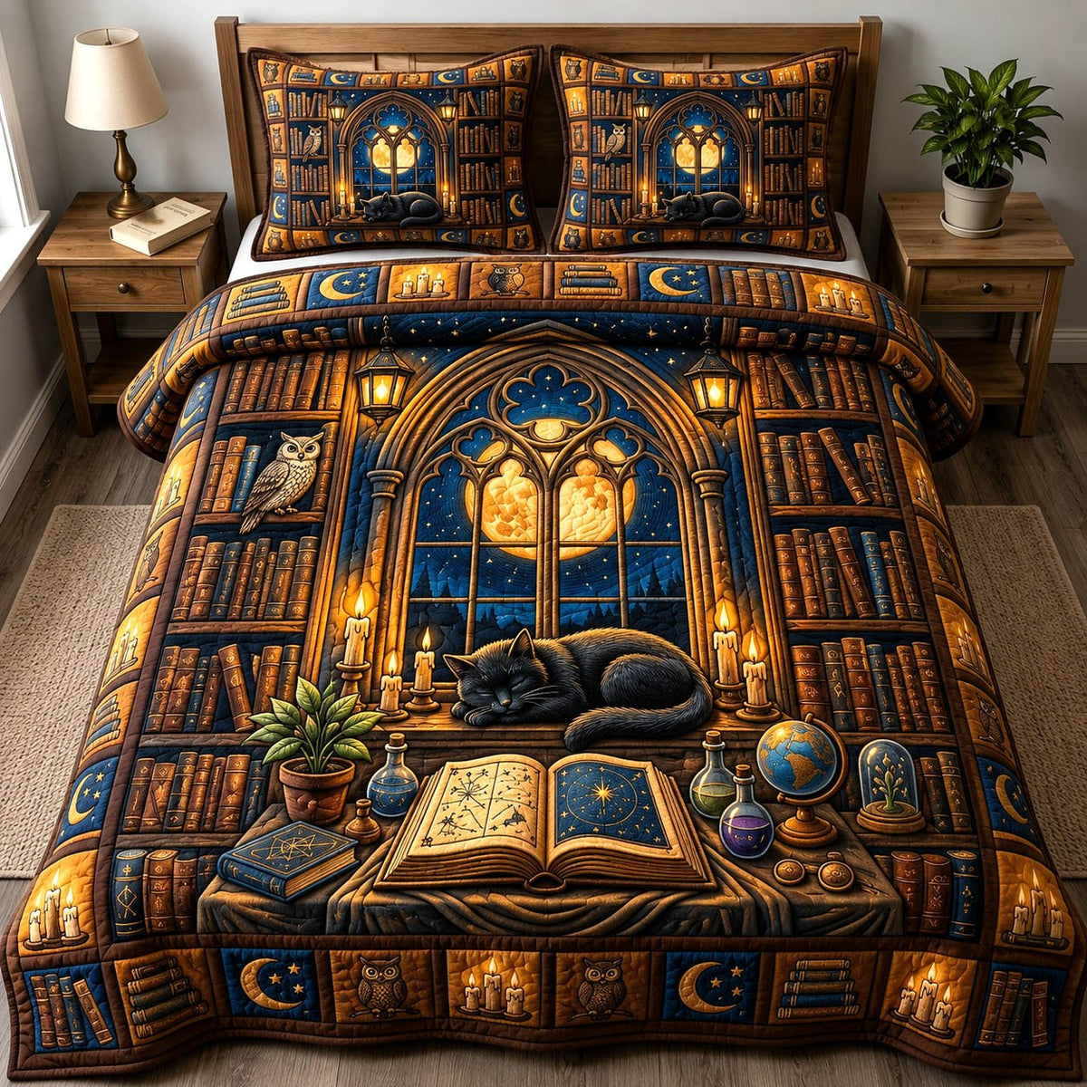 Black Cat 3-Piece Quilted Bedding Set - Design 19 — quilt and two matching pillow shams