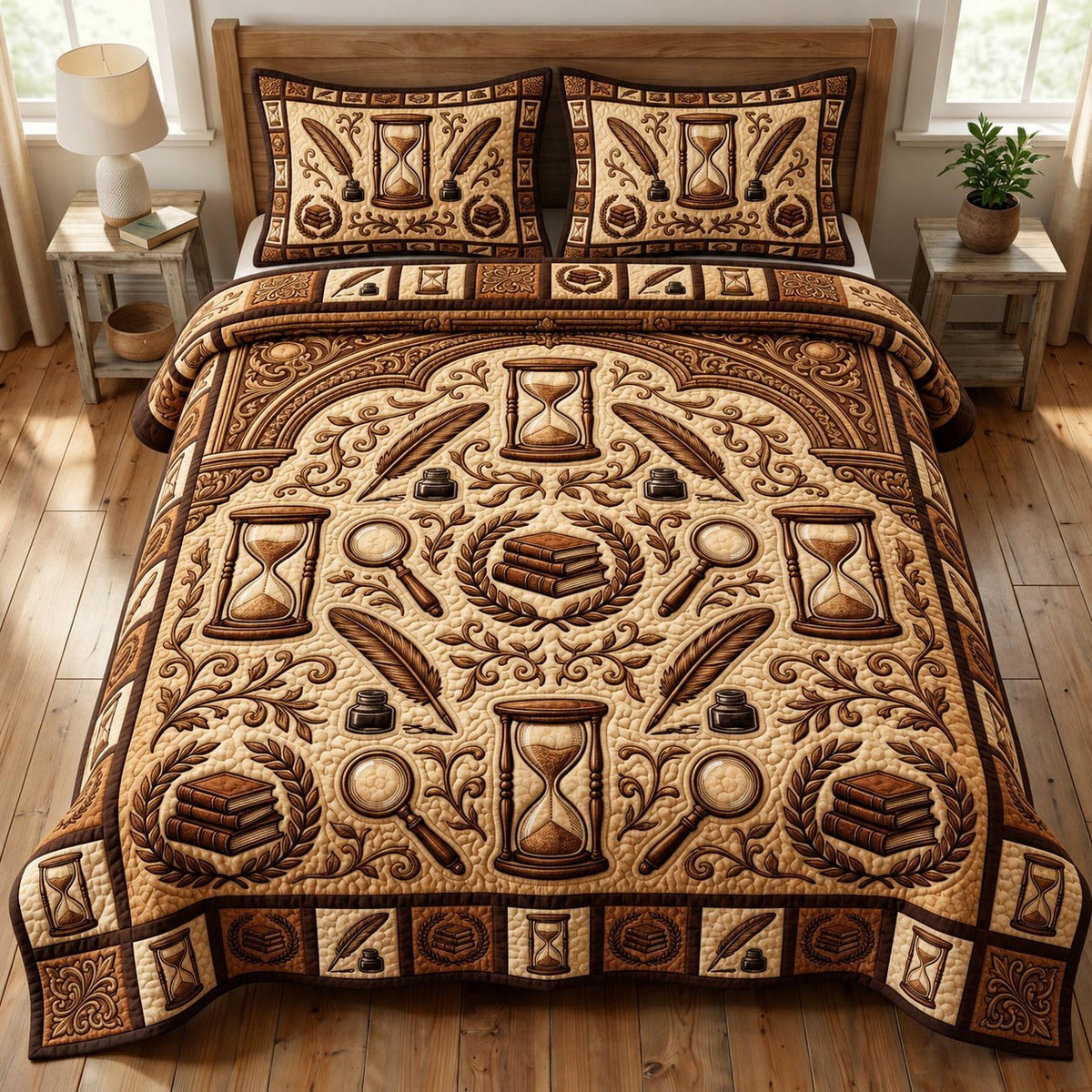 Dark Academia 3-Piece Quilted Bedding Set - Design 5 — quilt and two matching pillow shams