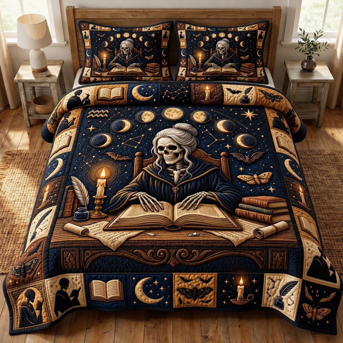 Dark Academia 3-Piece Quilted Bedding Set - Design 8 — quilt and two matching pillow shams