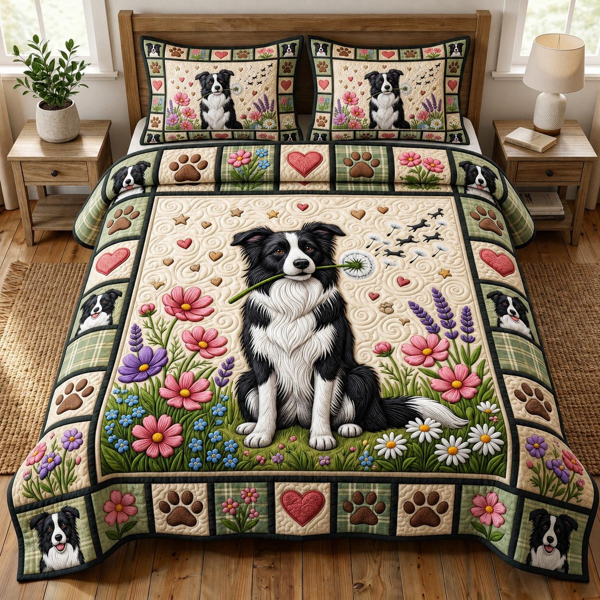 Border Collie 3-Piece Quilted Bedding Set - Design 2 — quilt and two matching pillow shams