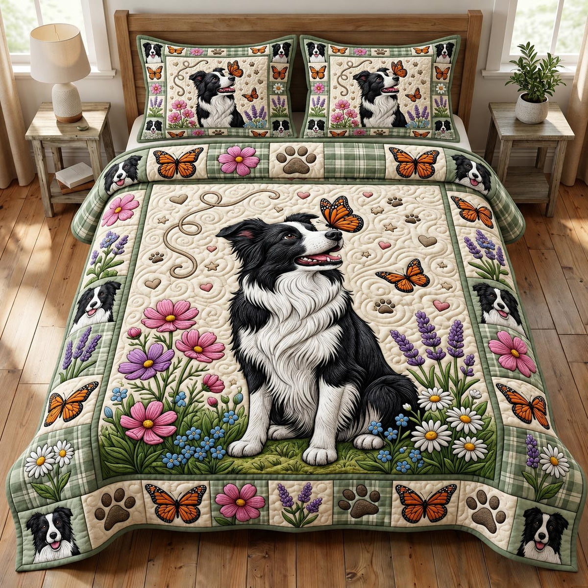 Border Collie 3-Piece Quilted Bedding Set - Design 5 — quilt and two matching pillow shams
