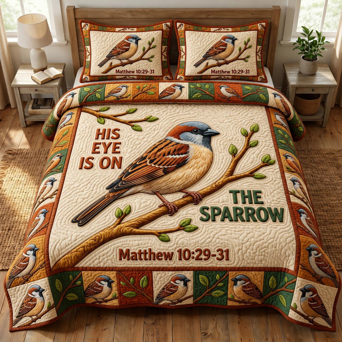 Christian Bird 3-Piece Quilted Bedding Set - Design 3 — quilt and two matching pillow shams