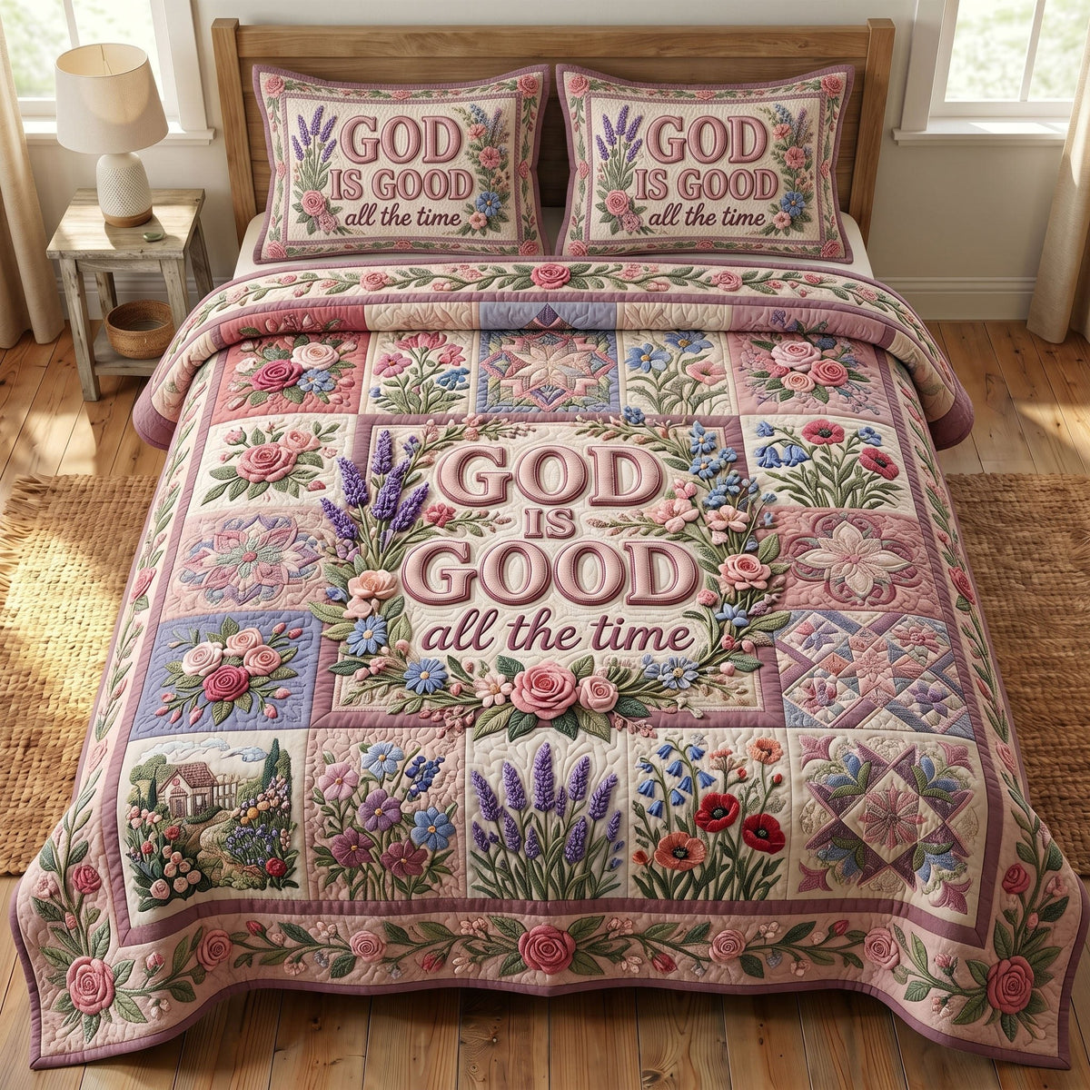 Floral Bible 3-Piece Quilted Bedding Set - Design 64 — quilt and two matching pillow shams