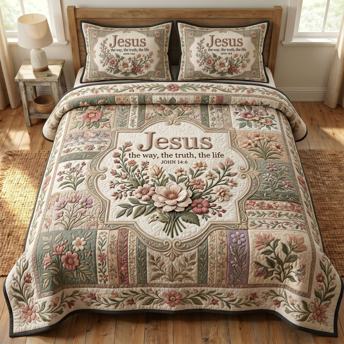 Floral Bible 3-Piece Quilted Bedding Set - Design 65 — quilt and two matching pillow shams