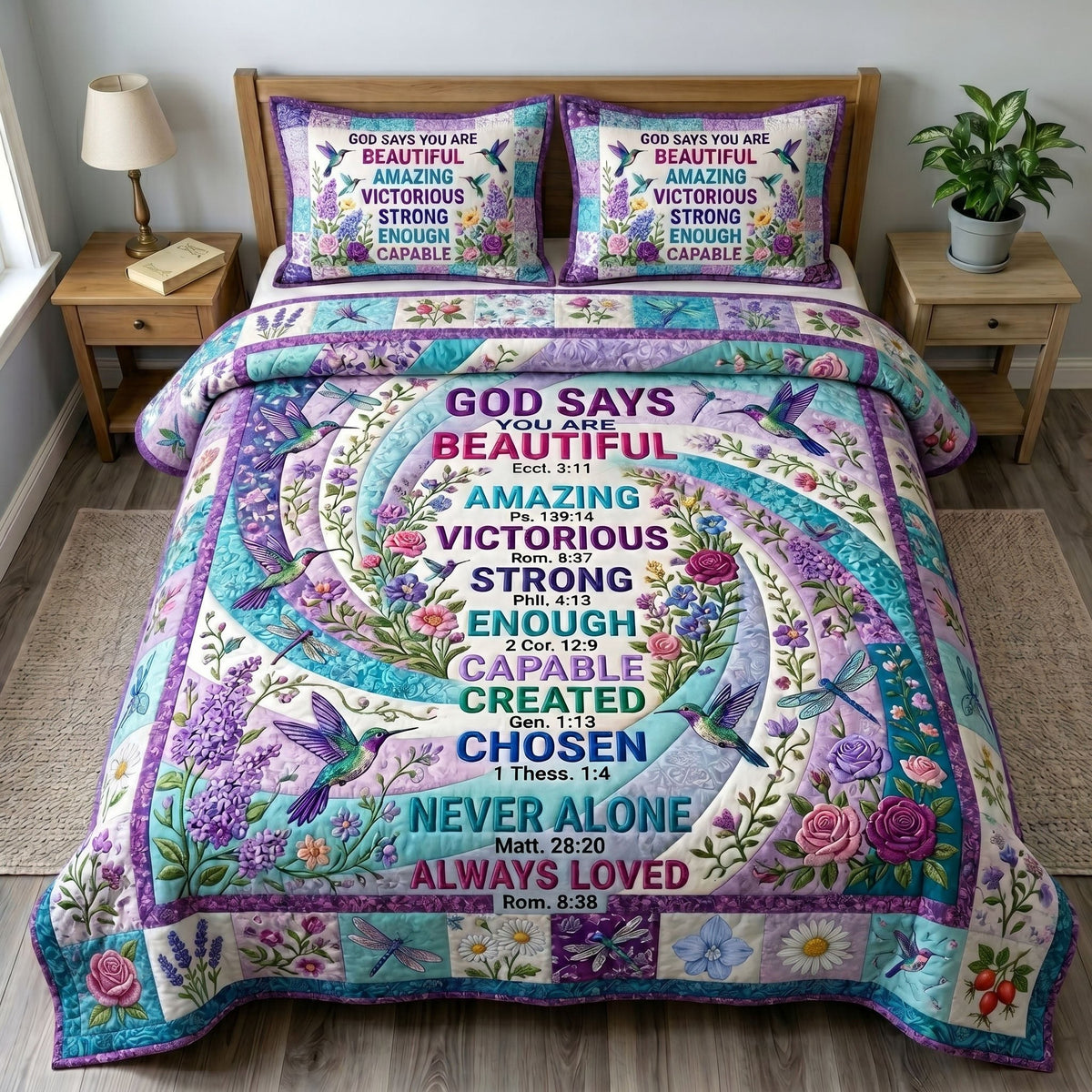 Floral Bible 3-Piece Quilted Bedding Set - Design 71 — quilt and two matching pillow shams