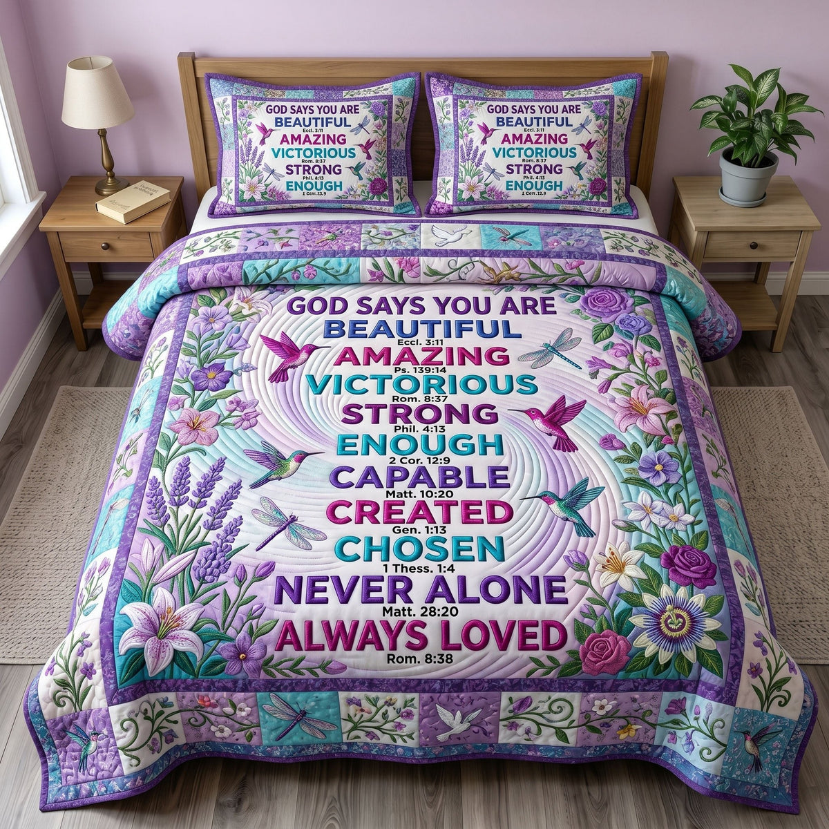 Floral Bible 3-Piece Quilted Bedding Set - Design 76 — quilt and two matching pillow shams