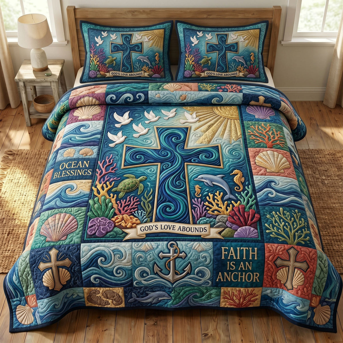 Coastal Christian 3-Piece Quilted Bedding Set - Design 2 — quilt and two matching pillow shams