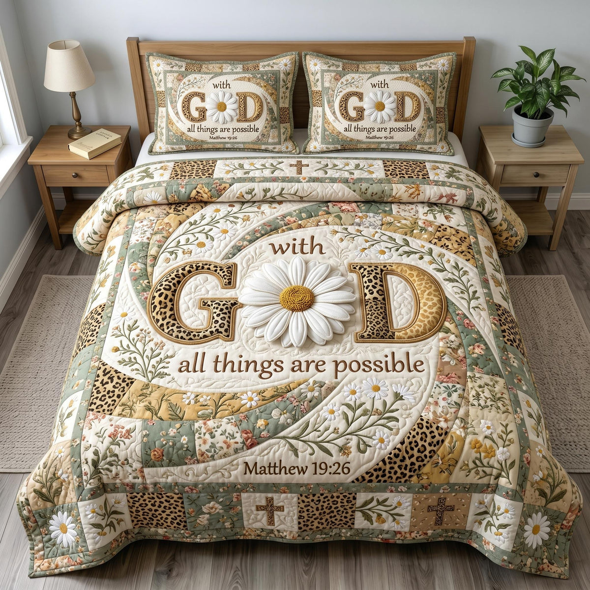 Floral Bible 3-Piece Quilted Bedding Set - Design 78 — quilt and two matching pillow shams