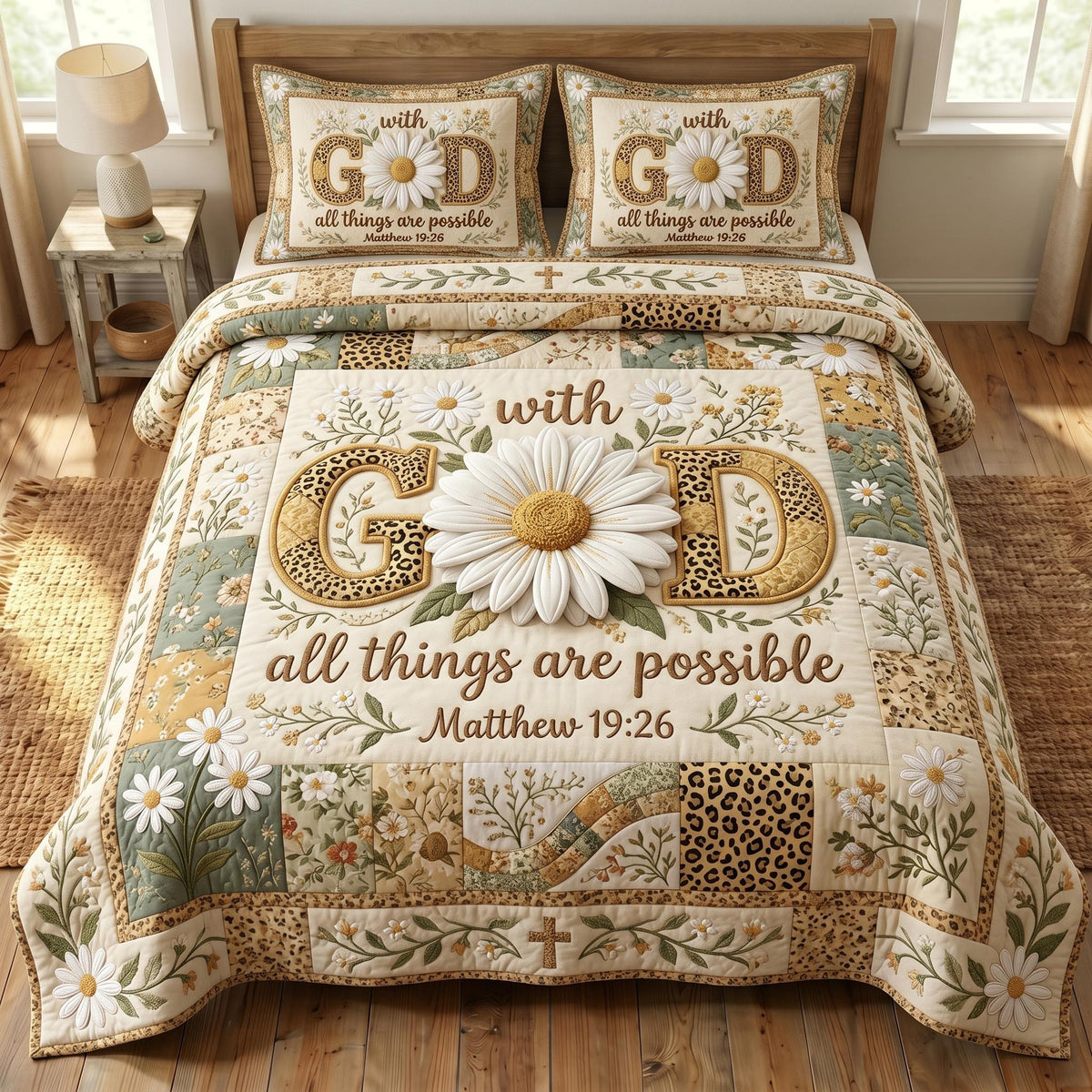 Floral Bible 3-Piece Quilted Bedding Set - Design 81 — quilt and two matching pillow shams
