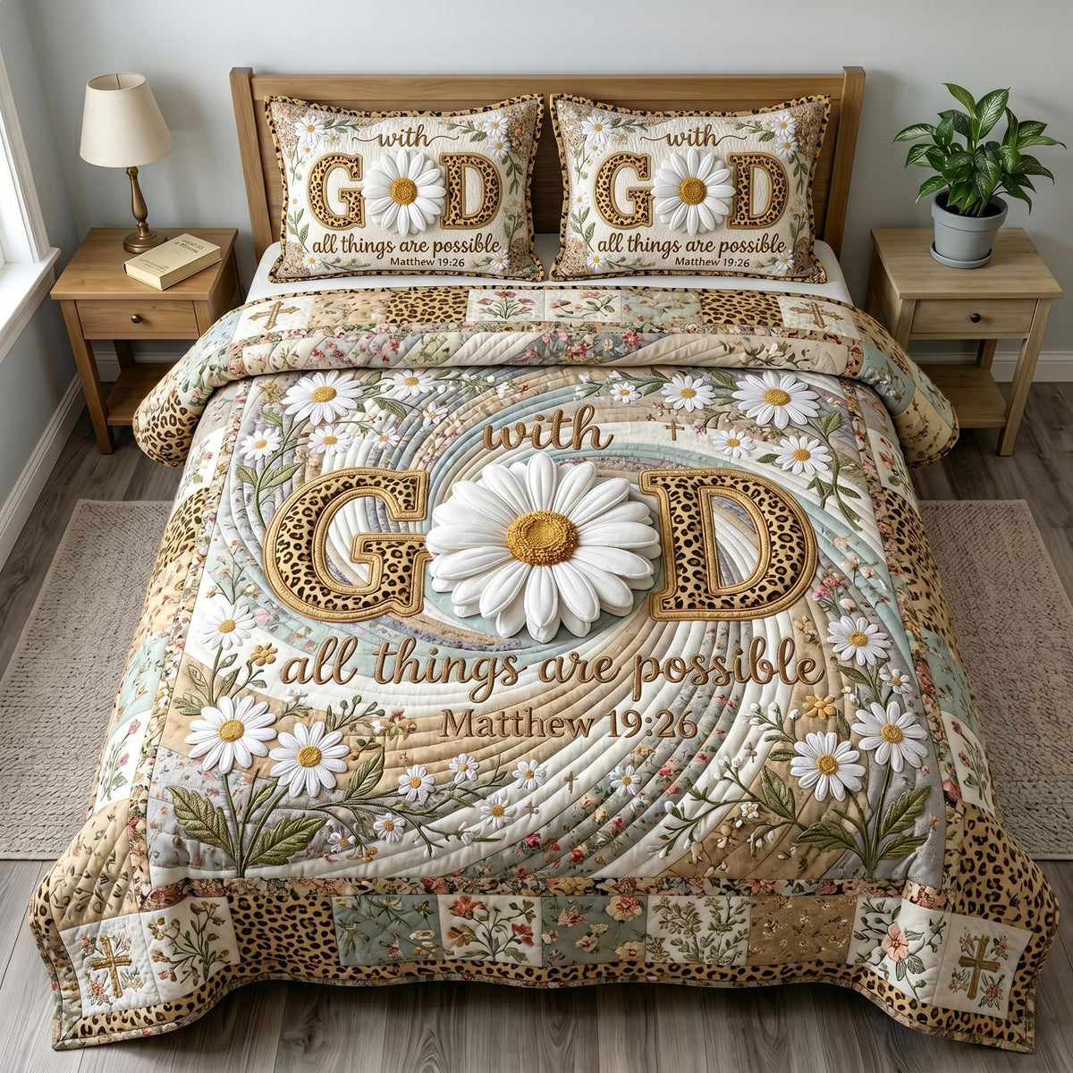 Floral Bible 3-Piece Quilted Bedding Set - Design 82 — quilt and two matching pillow shams
