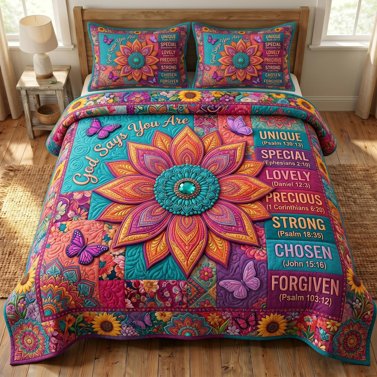 Floral Bible 3-Piece Quilted Bedding Set - Design 84 — quilt and two matching pillow shams