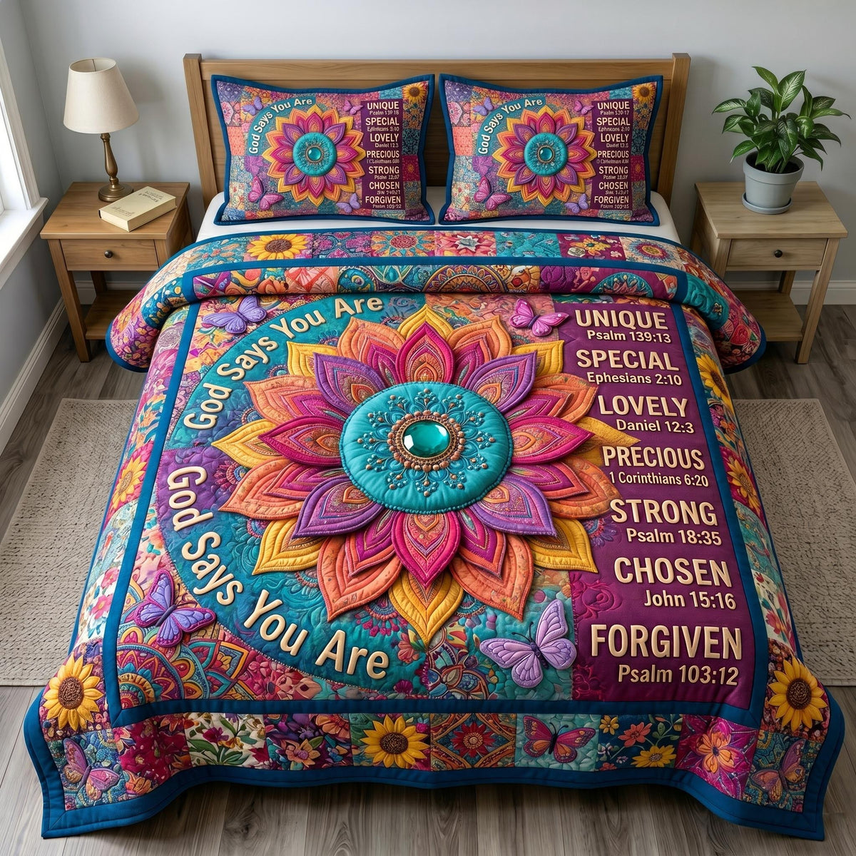 Floral Bible 3-Piece Quilted Bedding Set - Design 86 — quilt and two matching pillow shams
