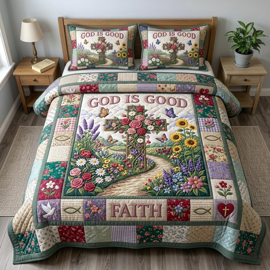 Floral Bible 3-Piece Quilted Bedding Set - Design 91 — quilt and two matching pillow shams