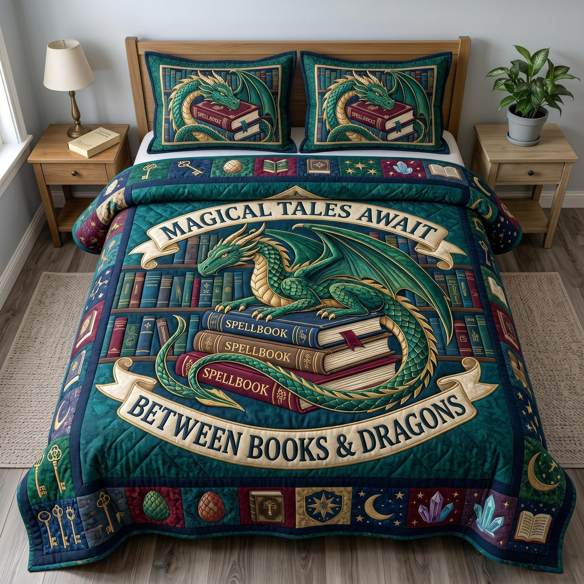 Bookworm Dragon 3-Piece Quilted Bedding Set - Design 15 — quilt and two matching pillow shams