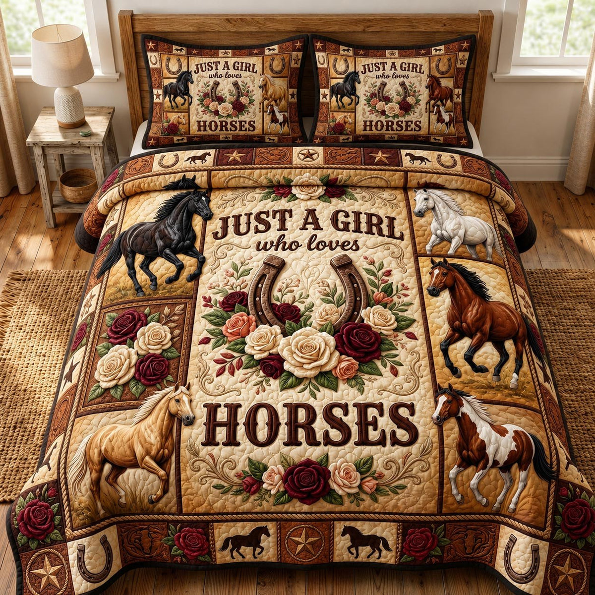 Farmhouse Horse 3-Piece Quilted Bedding Set - Design 1 — quilt and two matching pillow shams