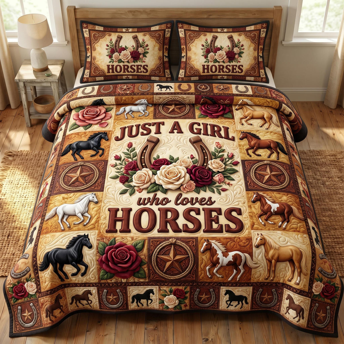 Farmhouse Horse 3-Piece Quilted Bedding Set - Design 6 — quilt and two matching pillow shams