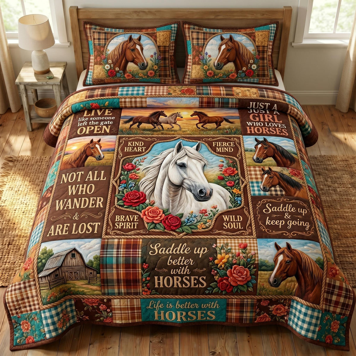 Farmhouse Horse 3-Piece Quilted Bedding Set - Design 7 — quilt and two matching pillow shams