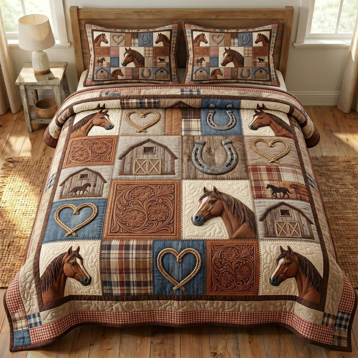 Farmhouse Horse 3-Piece Quilted Bedding Set - Design 8 — quilt and two matching pillow shams