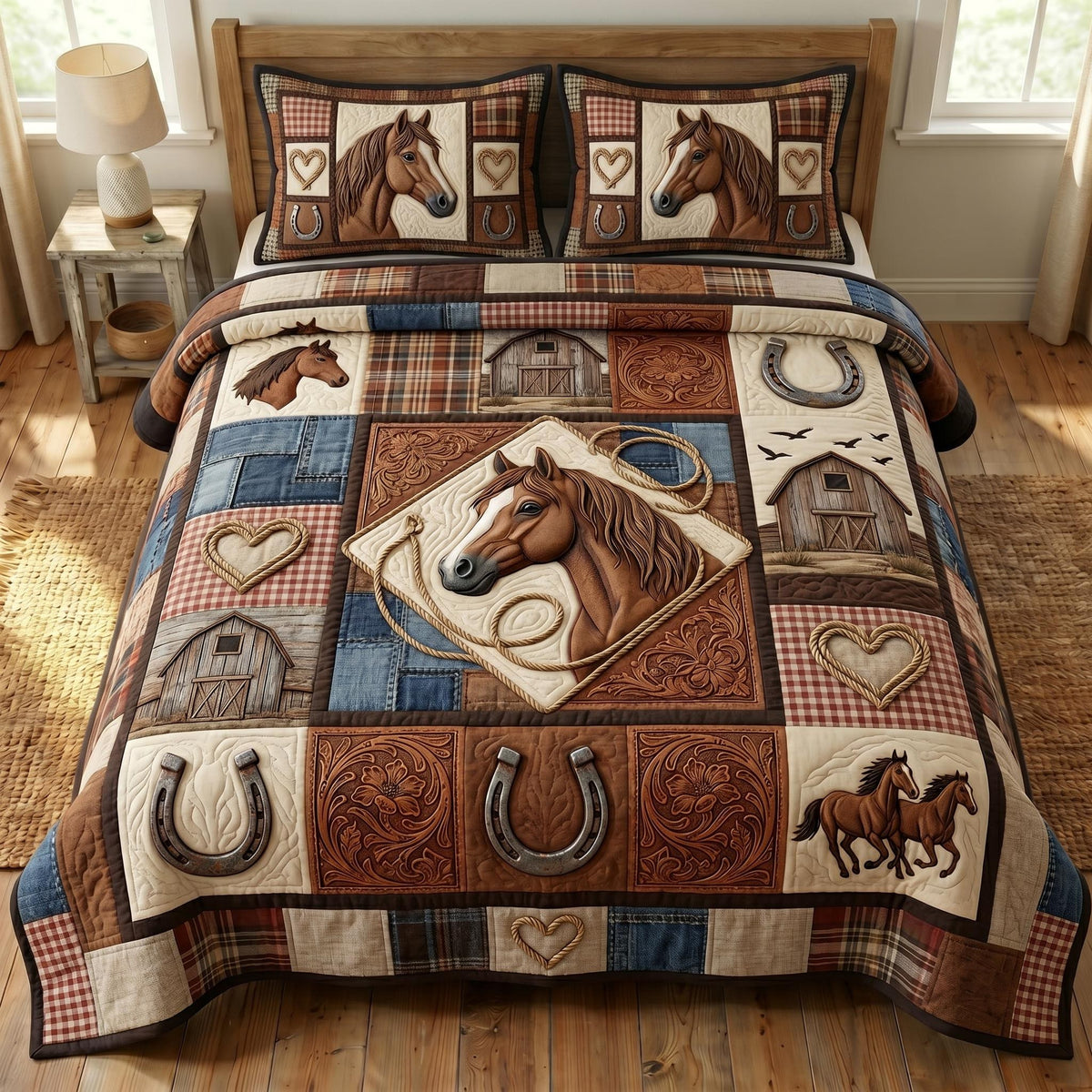 Farmhouse Horse 3-Piece Quilted Bedding Set - Design 9 — quilt and two matching pillow shams