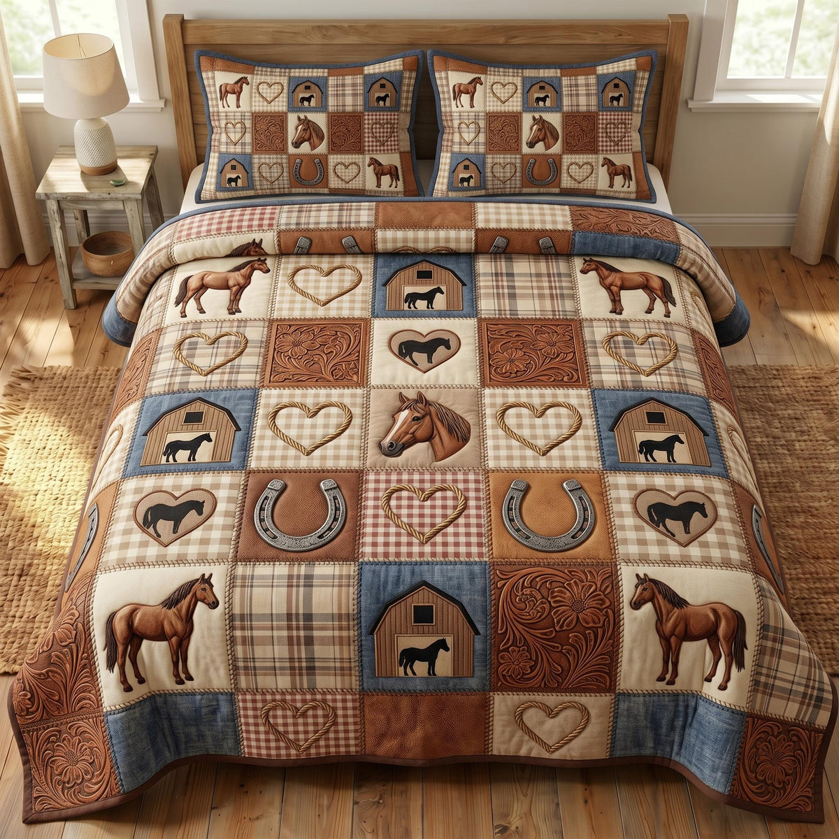Farmhouse Horse 3-Piece Quilted Bedding Set - Design 11 — quilt and two matching pillow shams