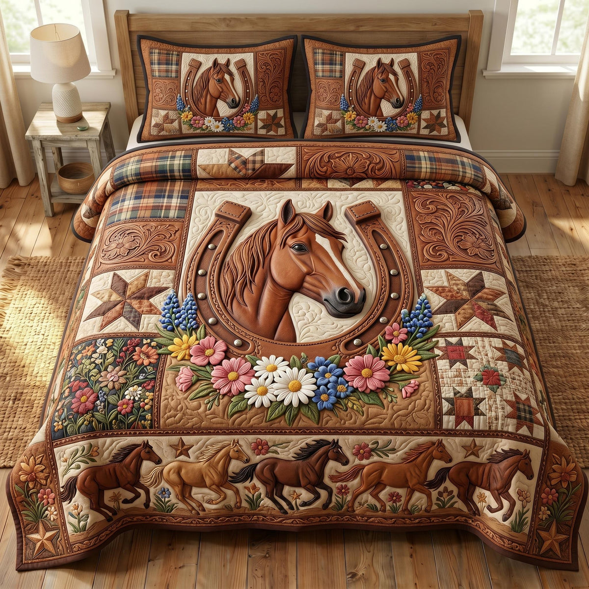 Farmhouse Horse 3-Piece Quilted Bedding Set - Design 12 — quilt and two matching pillow shams