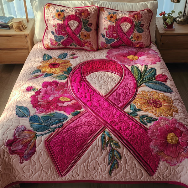 Breast Cancer Ribbon quilted 3-piece bedding set on a made bed with two matching pillow shams
