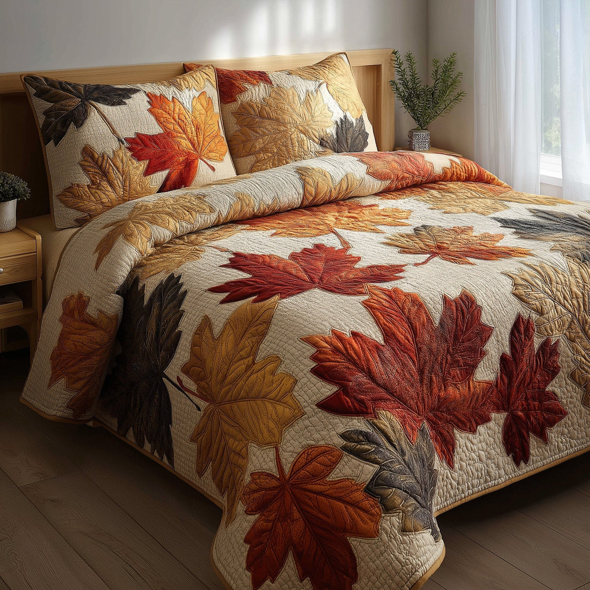 Fall Leaves 3-Piece Quilted Bedding Set - Design 2 — quilt and two matching pillow shams